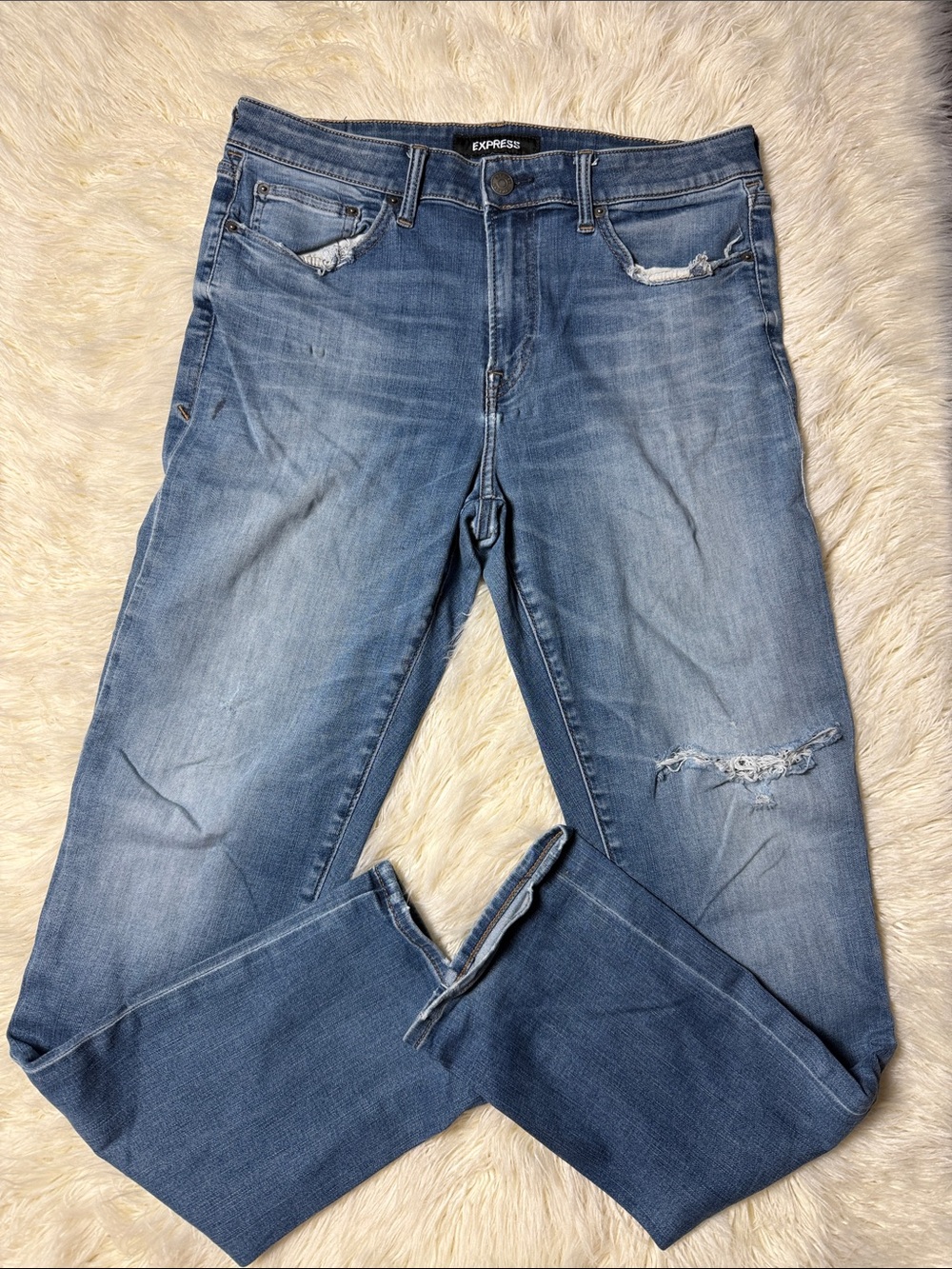 Express Men's Slim Straight Faded Blue Distressed Jeans